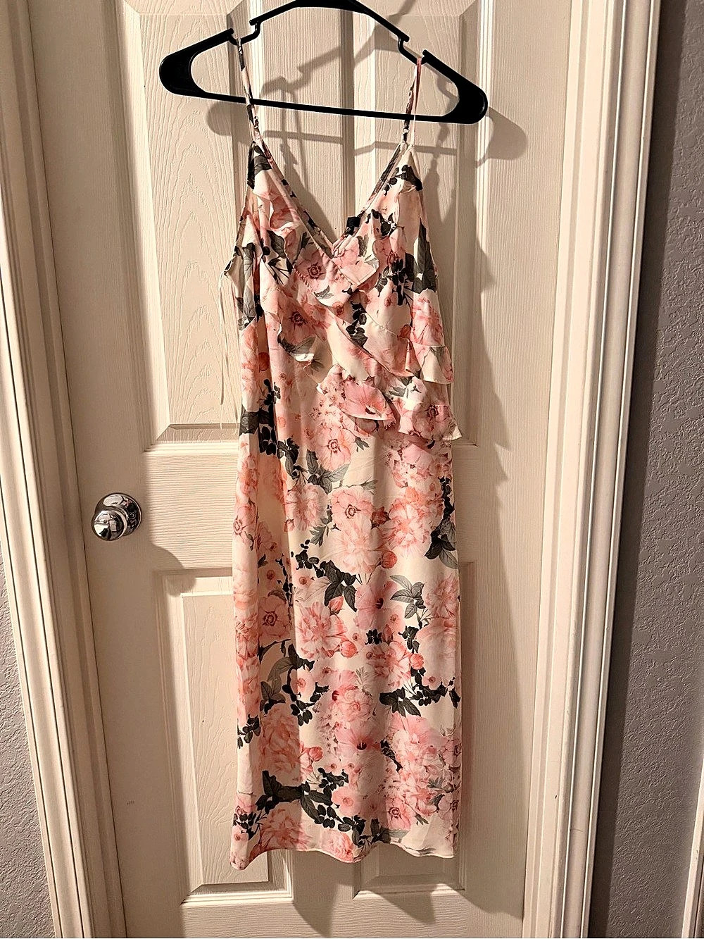 Express Floral V-Neck Ruffle Downtown Cami Midi Slip Dress Floral Ruffle Midi